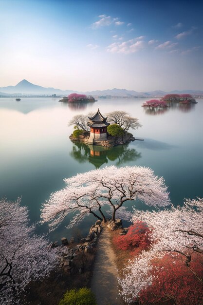 A small island with cherry blossoms in the middle of a lake