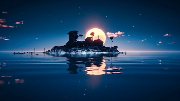 A small island with a full moon in the background