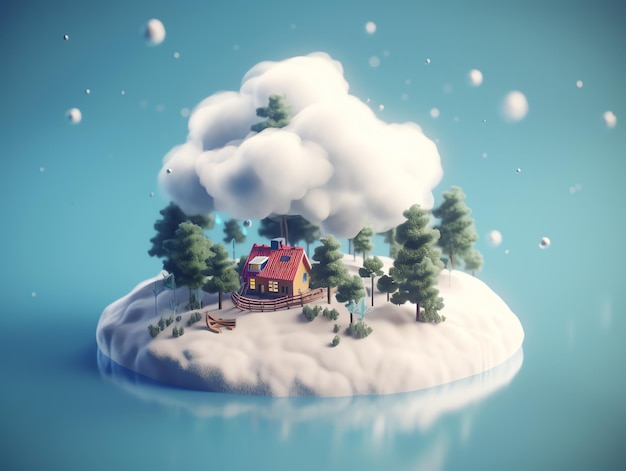 A small island with a house on it and clouds in the background