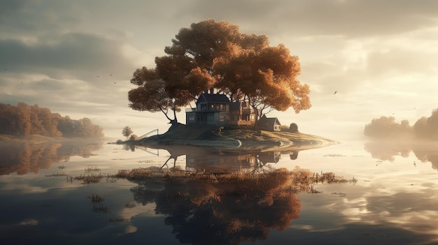 A small island with a house on it and a tree on it