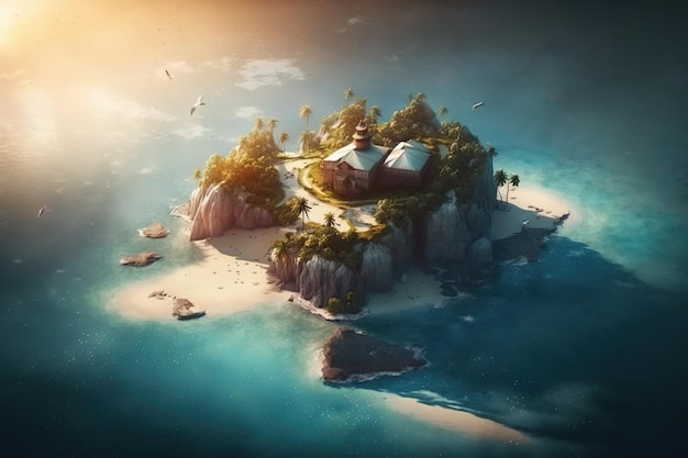 A small island with a house on it