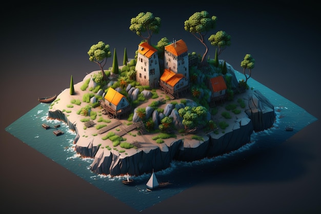 A small island with houses on it and a boat in the background.