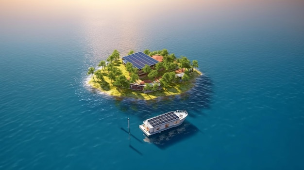 Small island with many photovoltaic panels on the island and in the ocean future energy concept generative ai