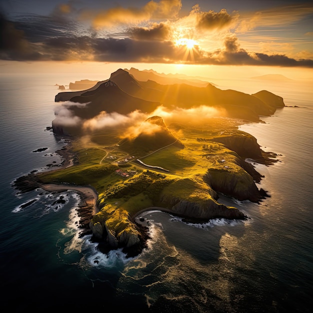 A small island with a mountain in the background