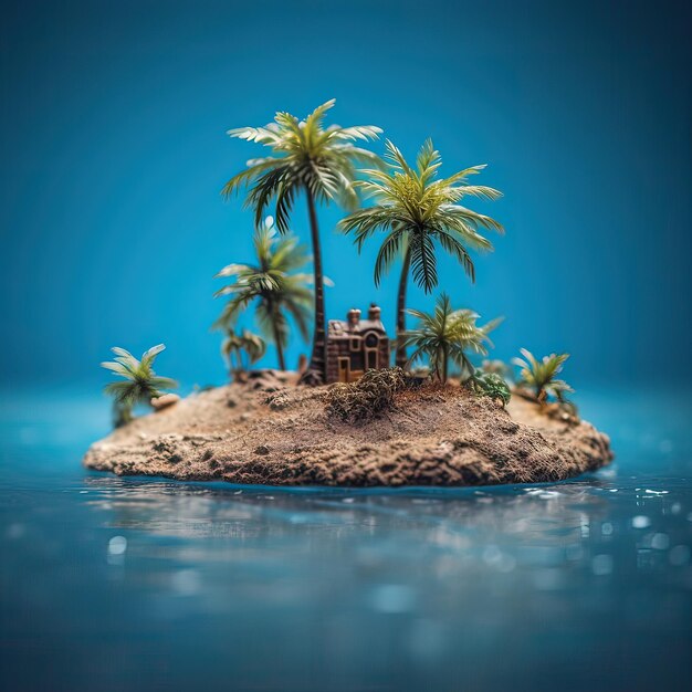 A small island with palm trees and a house on it