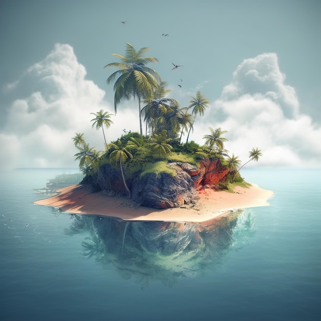 海に浮かぶヤシの木のある小さな島