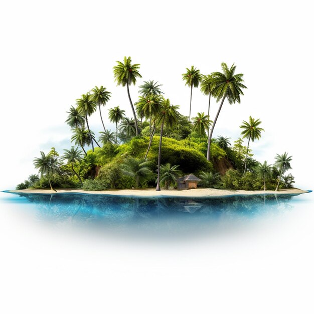 Photo a small island with palm trees on it in a white background