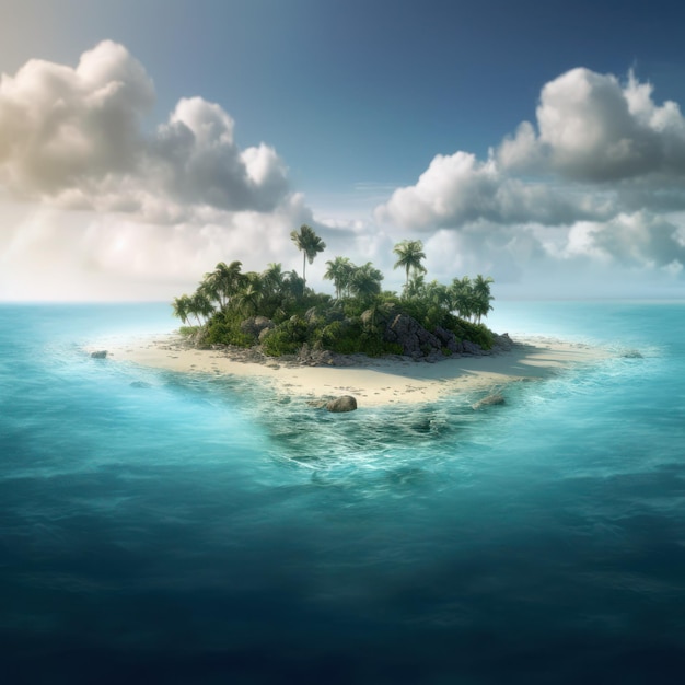 A small island with palm trees in the middle of the ocean.