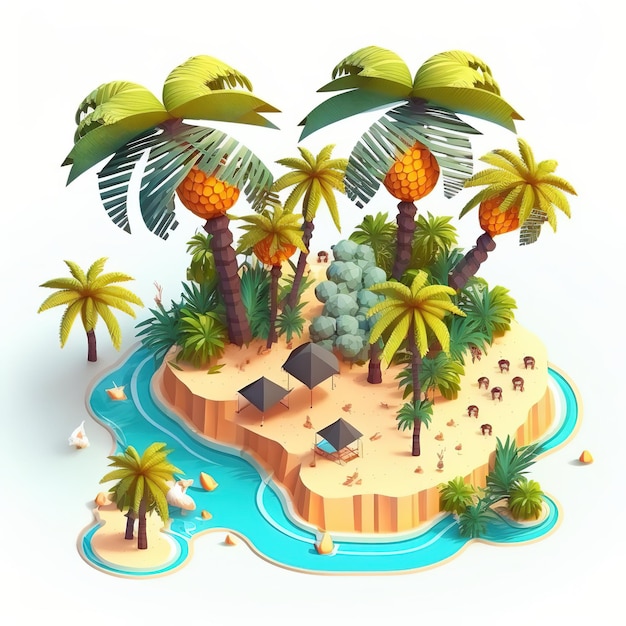 A small island with palm trees and a small island with a blue water.