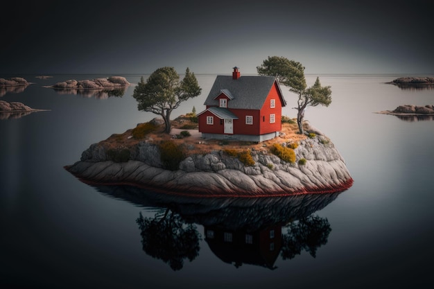 A small island with a red house on it and trees on the water.