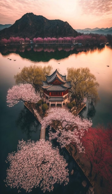 A small island with a small house on it with cherry blossoms in the foreground.