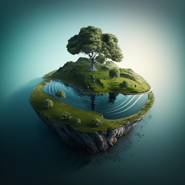 A small island with a tree on it and the water in the background.