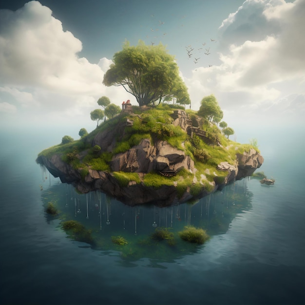 나무가 있고 배경에는 흐린 하늘이 있는 작은 섬.
