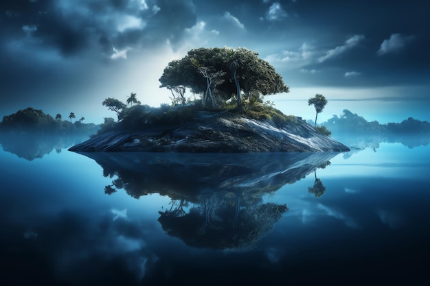 A small island with trees on it and the sky is cloudy.