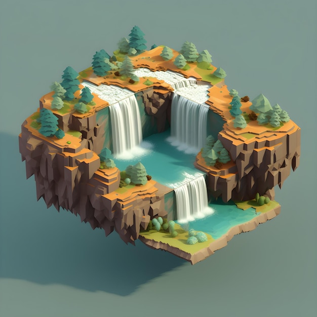 A small island with a waterfall and a forest on it.