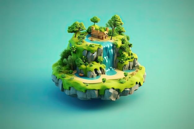 A small island with a waterfall and a house on it.