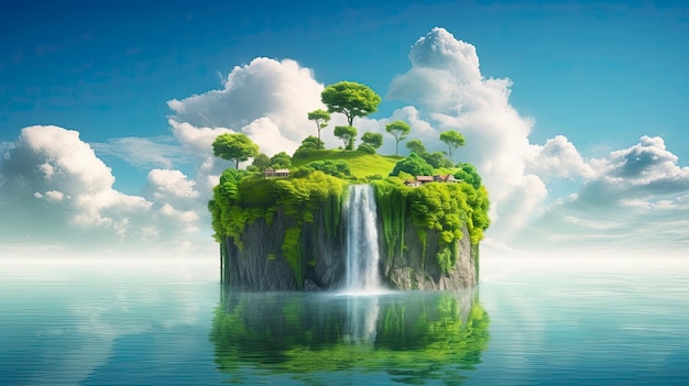 A small island with a waterfall in the water