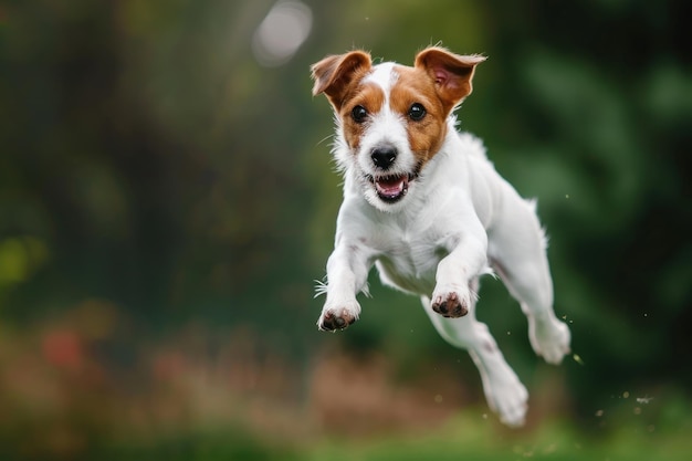 Small Jack Russell terrier dog jumping high in air looks like flying