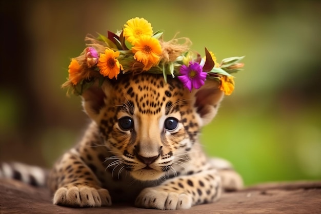 a small jaguar cub with a flower crown on its head