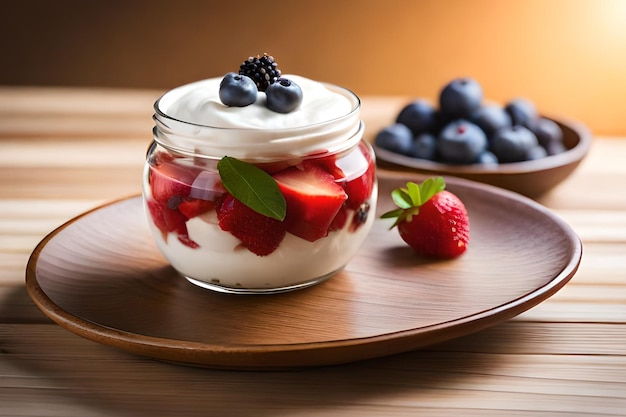 A small jar of yogurt with strawberries and blueberries on top