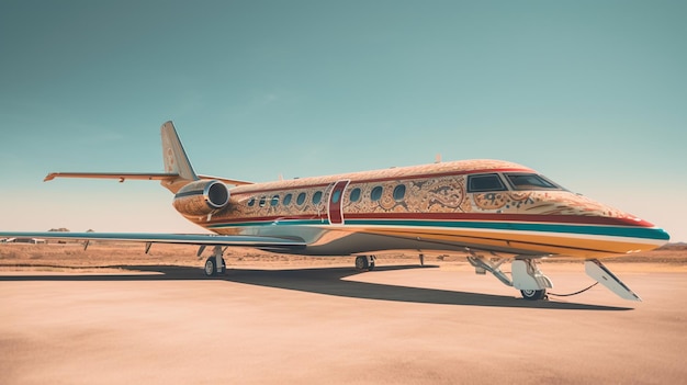 A small jet with a colorful design on the side sits on a runway.