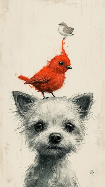 Small Joyful dog with a bird on its head