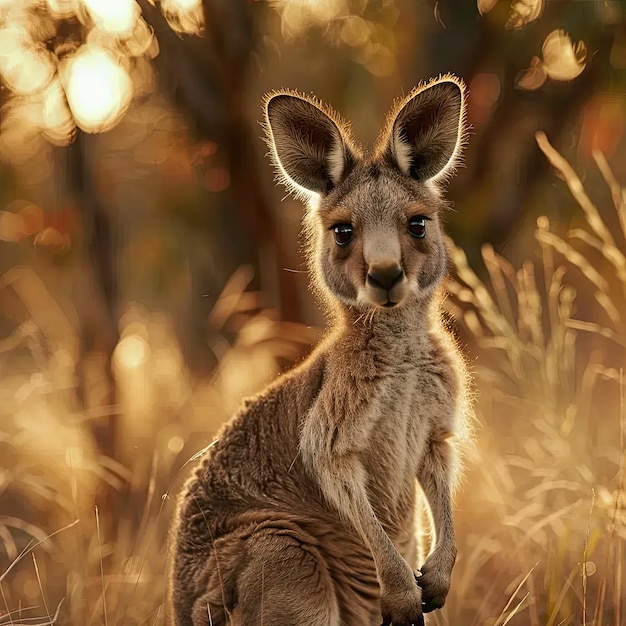 Маленький кенгуру сидит на травяном поле.