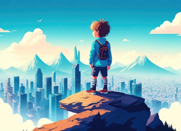 a small kid enjoying beautiful view of city by standing on top of the mountain