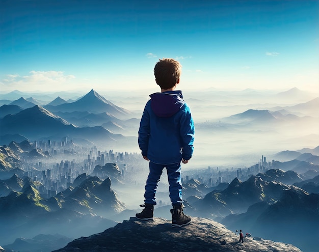 a small kid enjoying beautiful view of city by standing on top of the mountain