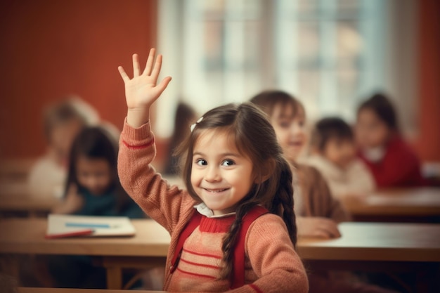 Small kid girl raising one hand in school classroom