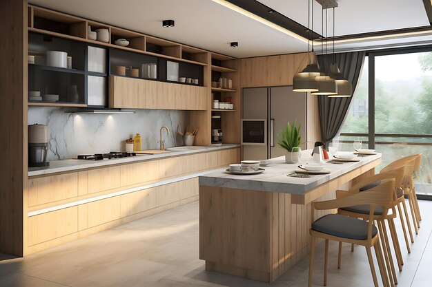 小さなキッチン スペースのインテリア デザインの 3 D レンダリング
