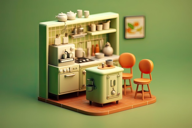 Photo a small kitchen with a green wall and a green chair.