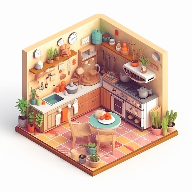 A small kitchen with a stove and a potted plant on the wall.