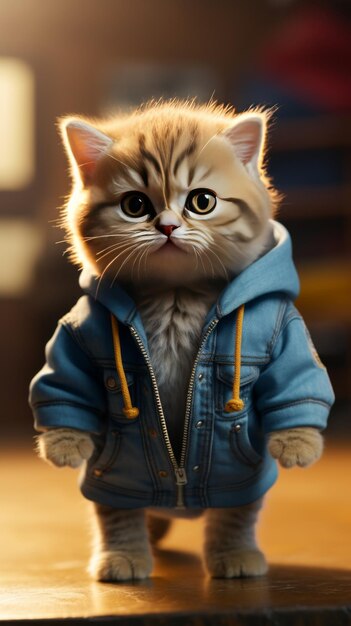 Small Kitten in Blue Jacket on Table