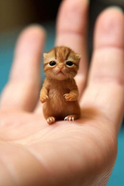 A small kitten is on a hand with a blue background.