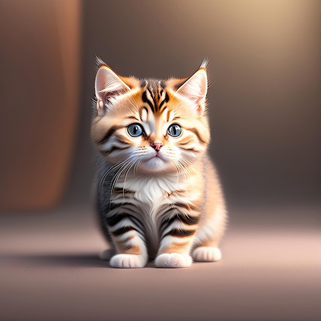 a small kitten is sitting on a brown surface.