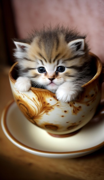 A small kitten is sitting in a cup with a saucer on it.