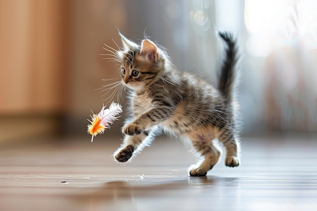 Foto un piccolo gattino che gioca con un giocattolo sul pavimento