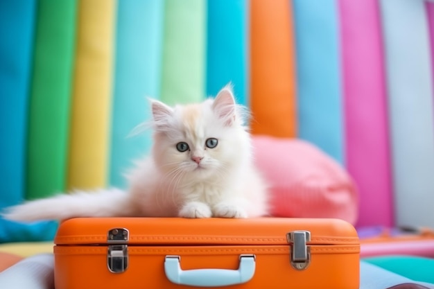 A small kitten sits on top of a orange suitcase