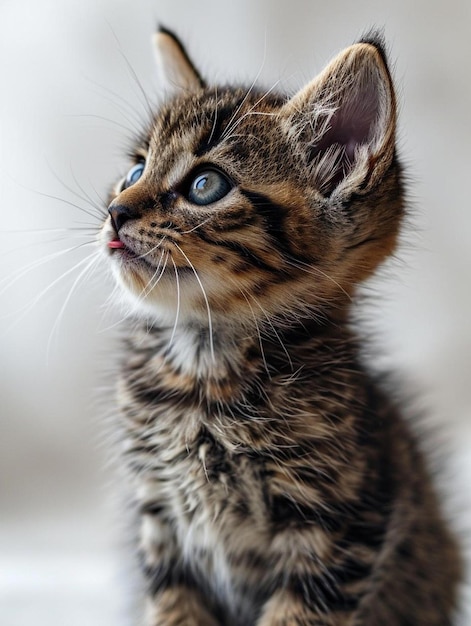 a small kitten sitting on top of a bed