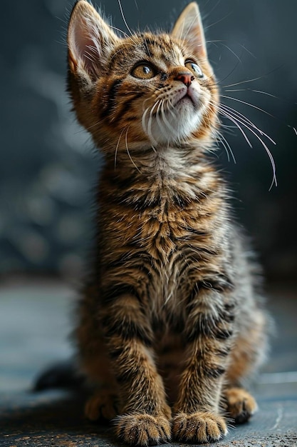 a small kitten sitting on top of a tile floor