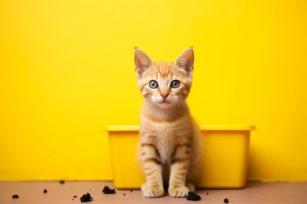A small kitten sitting on a yellow surface