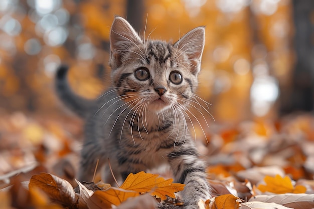 葉 の 積み重ね を 歩く 小さな 子猫