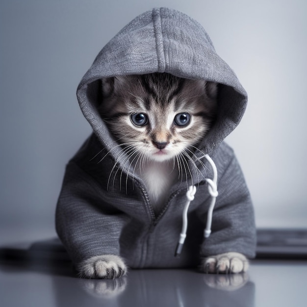 a small kitten wearing a hoodie that says quot a quot