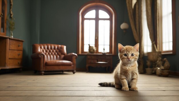 Foto piccola gattina nella stanza grande