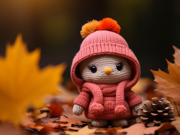 A small knitted bird in a pink sweater and hat sits on a pile of autumn leaves