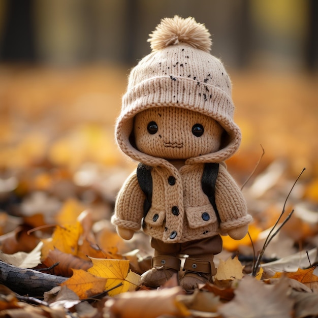 A small knitted doll standing in the middle of a pile of fallen leaves