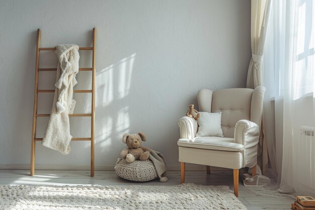 Photo small ladder in a kid bedroom interior standing next to a child size bed and an armchair