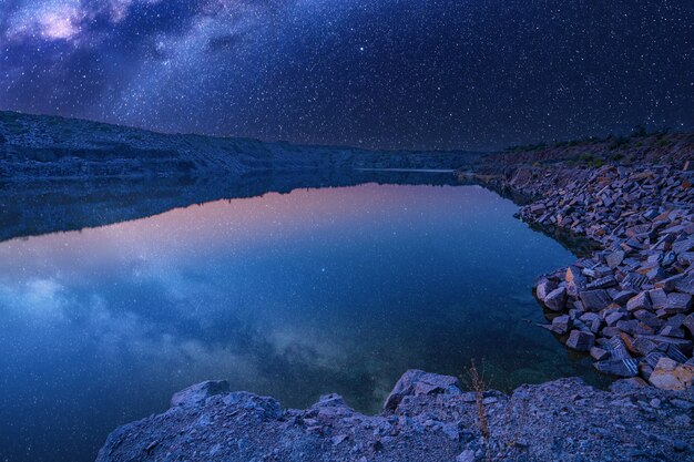 Small lake surrounded by stone waste from mine work