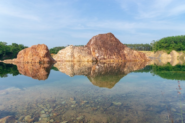 Small lake with clear water and reflection of the mountain and trees with blue sky in background.